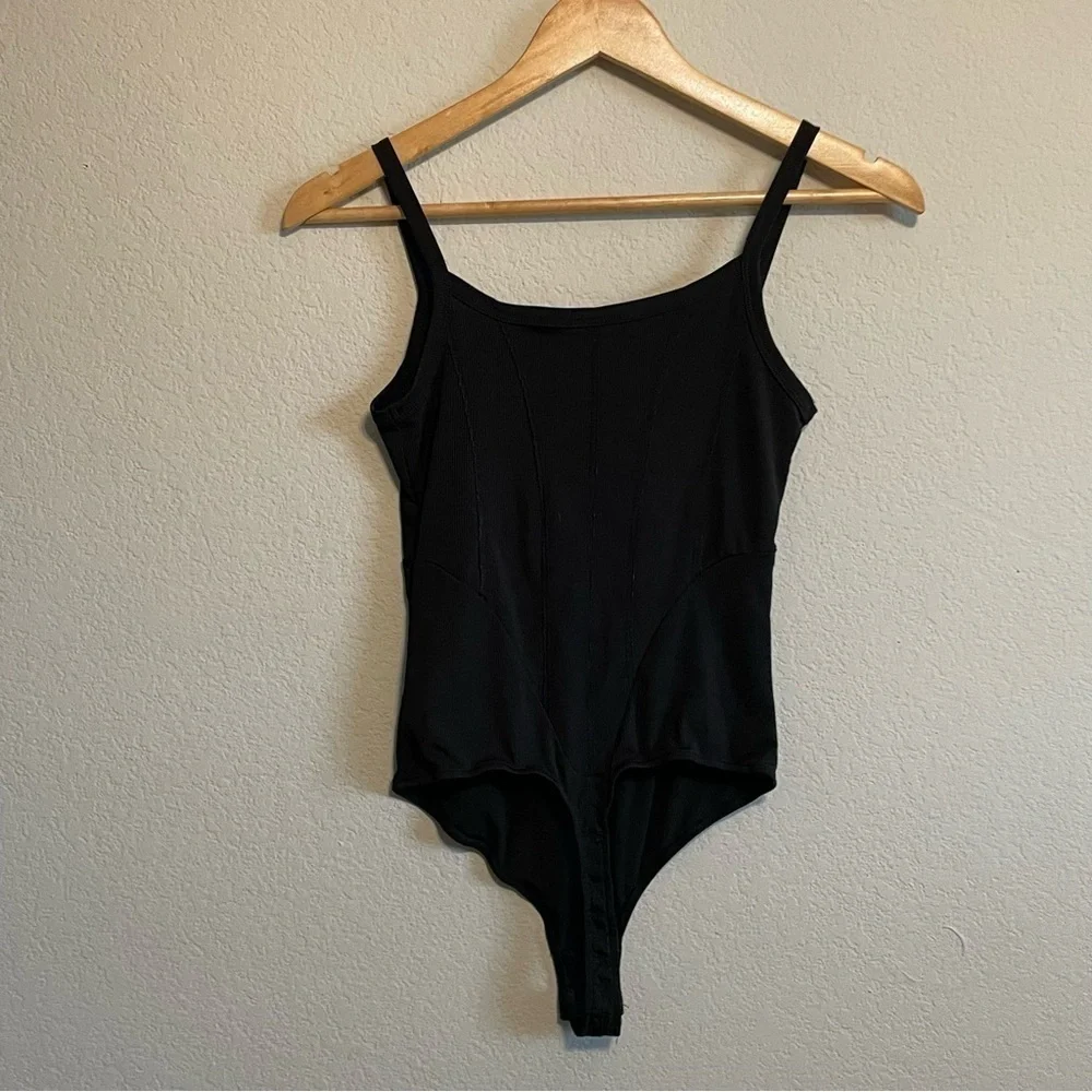 Free People Intimately Black Ribbed Thong Back Bodysuit Front Detail Size Small